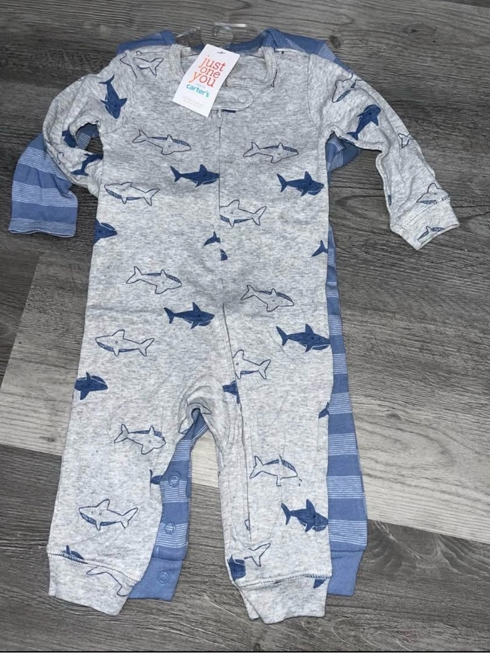 NEW! Carter's Gray & Blue Shark/Turtle Print One-Piece Outfit Set for Kids